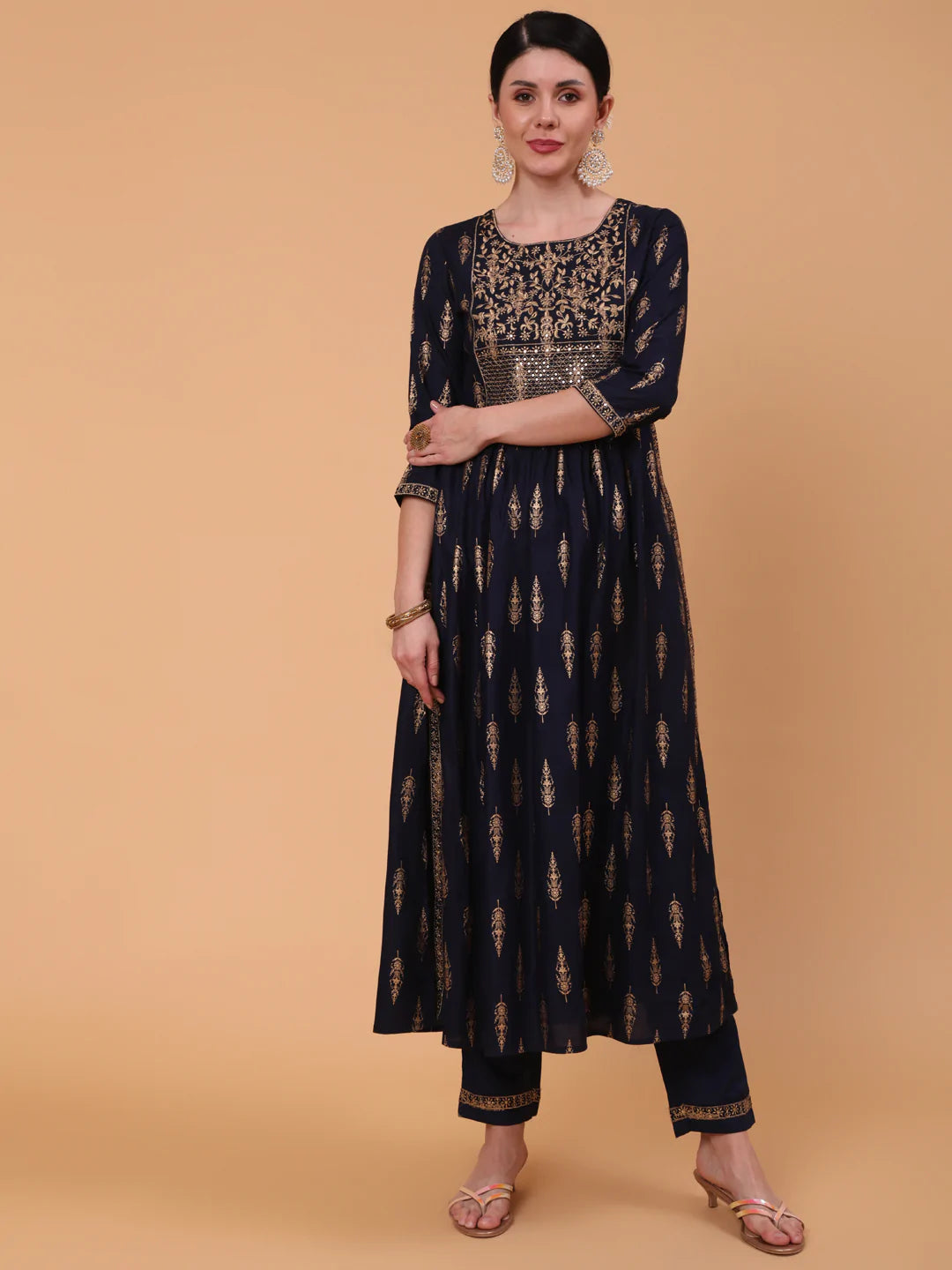 Rayon Calf Length Embroidered Straight 3/4 Sleeve Round Neck Kurta Bottom Dupatta Set