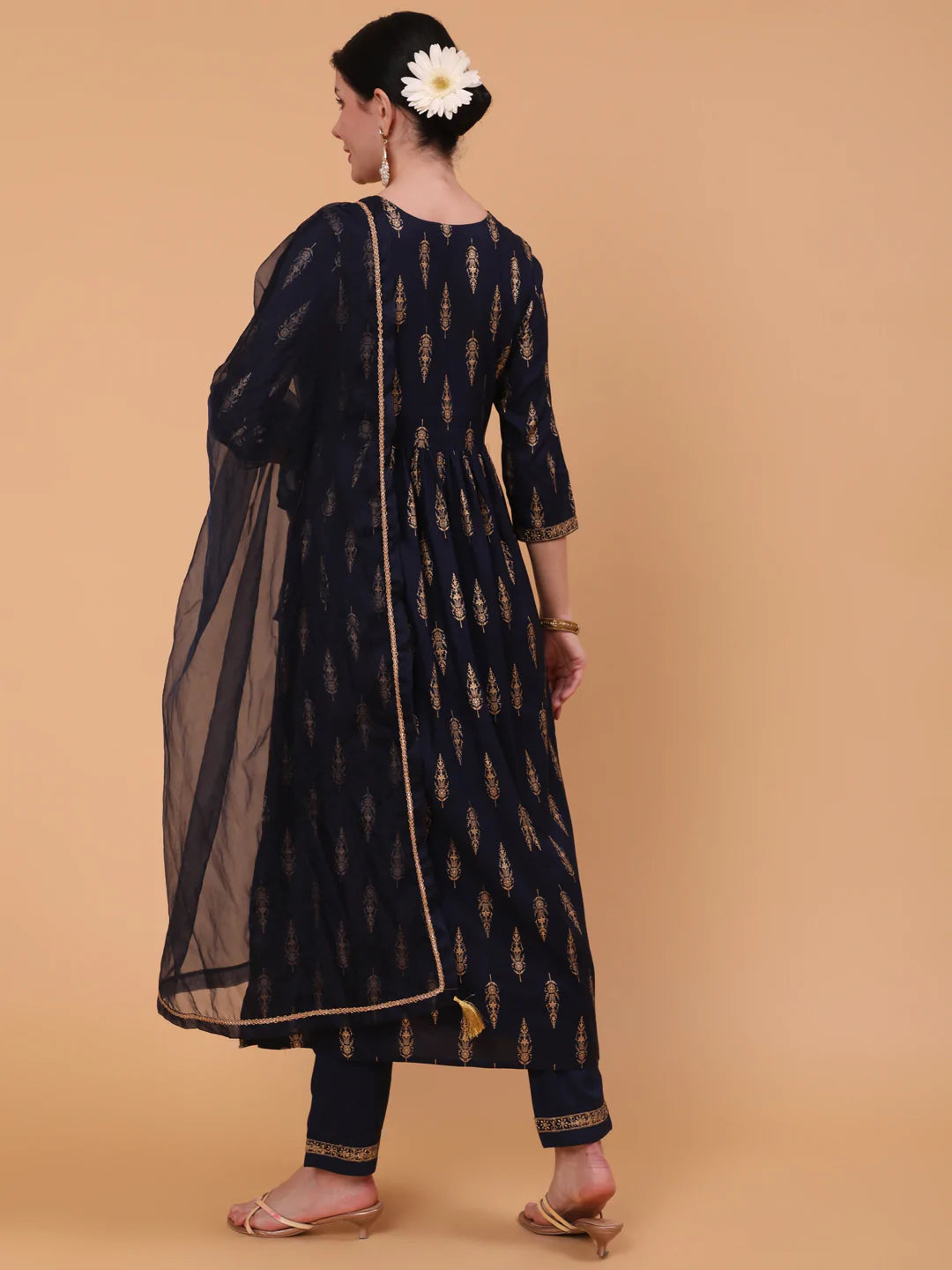 Rayon Calf Length Embroidered Straight 3/4 Sleeve Round Neck Kurta Bottom Dupatta Set