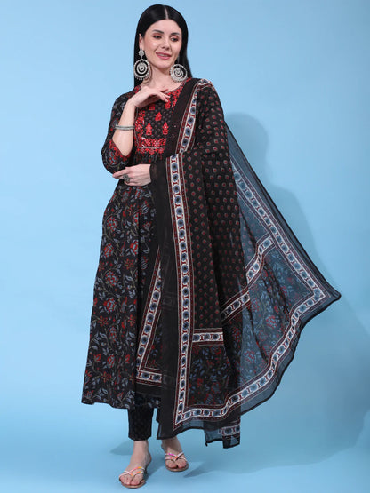 Cotton Calf Length Embroidered Straight 3/4 Sleeve Round Neck Kurta Bottom Dupatta Set