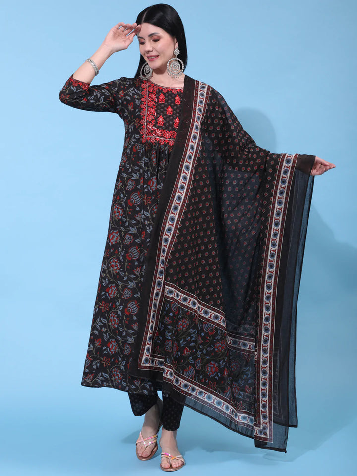 Cotton Calf Length Embroidered Straight 3/4 Sleeve Round Neck Kurta Bottom Dupatta Set