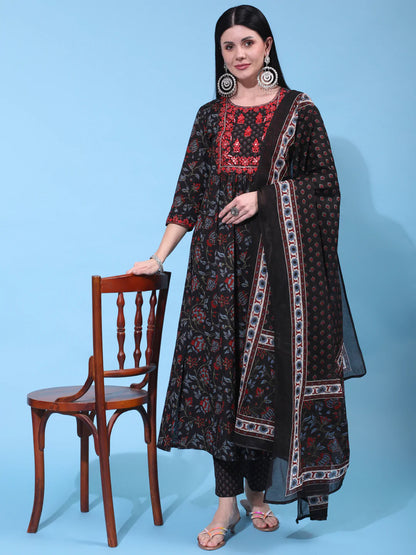 Cotton Calf Length Embroidered Straight 3/4 Sleeve Round Neck Kurta Bottom Dupatta Set
