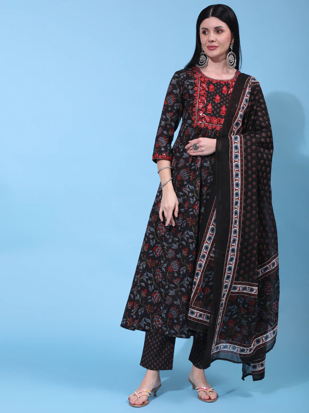 Cotton Calf Length Embroidered Straight 3/4 Sleeve Round Neck Kurta Bottom Dupatta Set