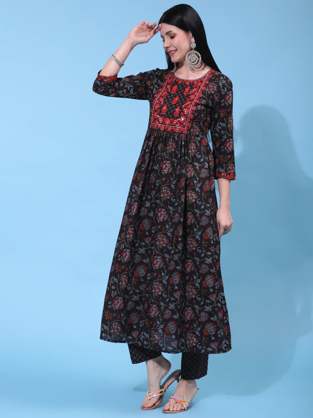 Cotton Calf Length Embroidered Straight 3/4 Sleeve Round Neck Kurta Bottom Dupatta Set