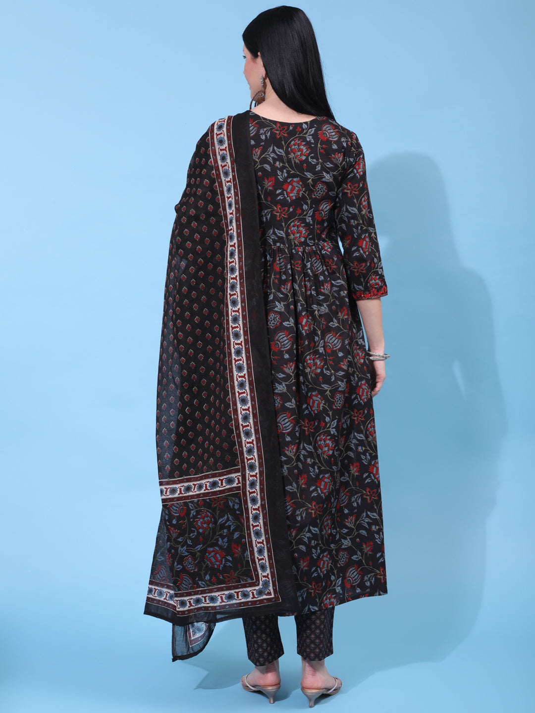 Cotton Calf Length Embroidered Straight 3/4 Sleeve Round Neck Kurta Bottom Dupatta Set