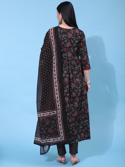 Cotton Calf Length Embroidered Straight 3/4 Sleeve Round Neck Kurta Bottom Dupatta Set