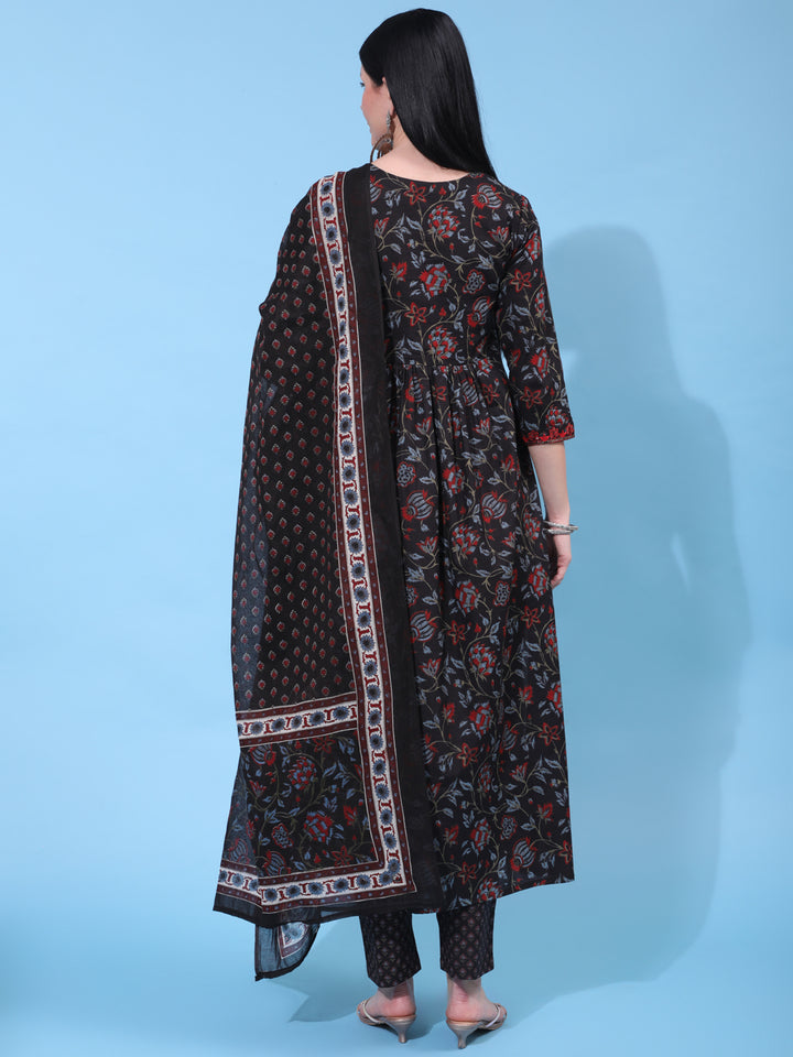 Cotton Calf Length Embroidered Straight 3/4 Sleeve Round Neck Kurta Bottom Dupatta Set