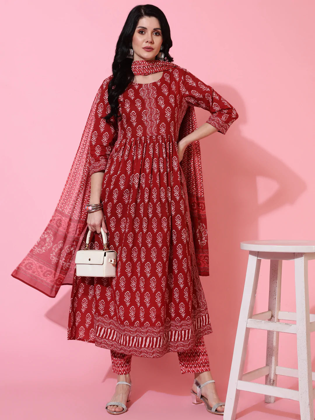 Cotton Calf Length Semi Flared 3/4 Sleeves Printed Round Neck Kurta Bottom Dupatta Set