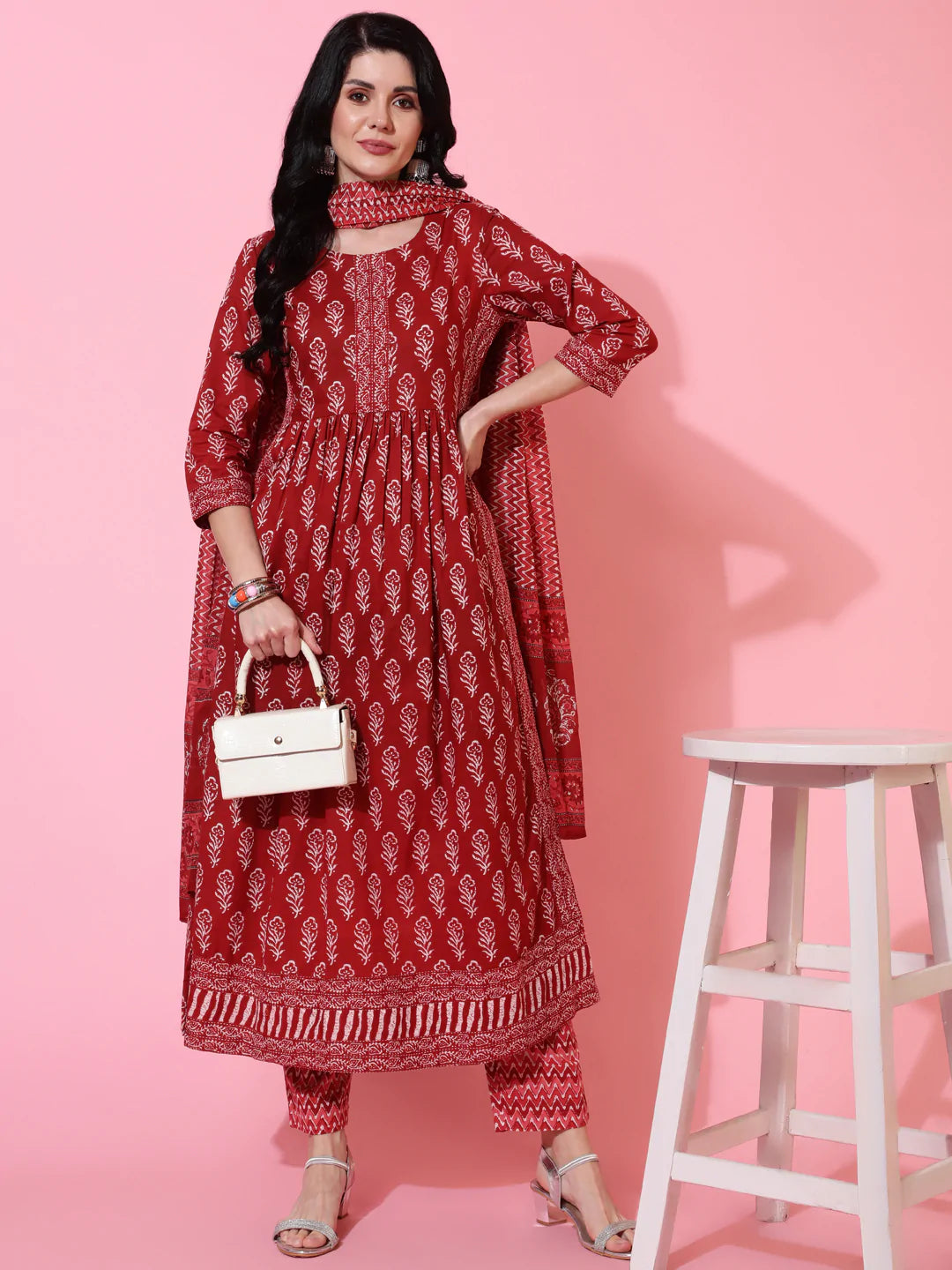 Cotton Calf Length Semi Flared 3/4 Sleeves Printed Round Neck Kurta Bottom Dupatta Set