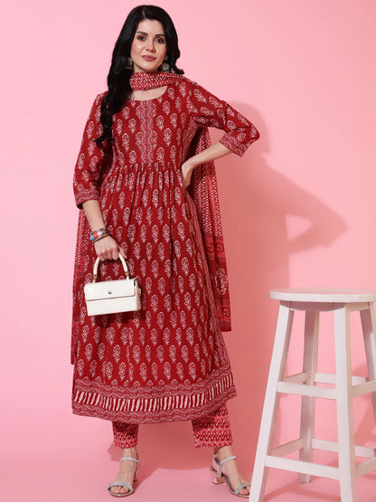 Cotton Calf Length Semi Flared 3/4 Sleeves Printed Round Neck Kurta Bottom Dupatta Set
