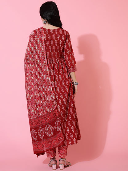 Cotton Calf Length Semi Flared 3/4 Sleeves Printed Round Neck Kurta Bottom Dupatta Set
