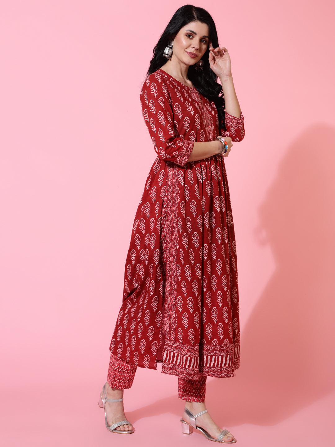 Cotton Calf Length Semi Flared 3/4 Sleeves Printed Round Neck Kurta Bottom Dupatta Set