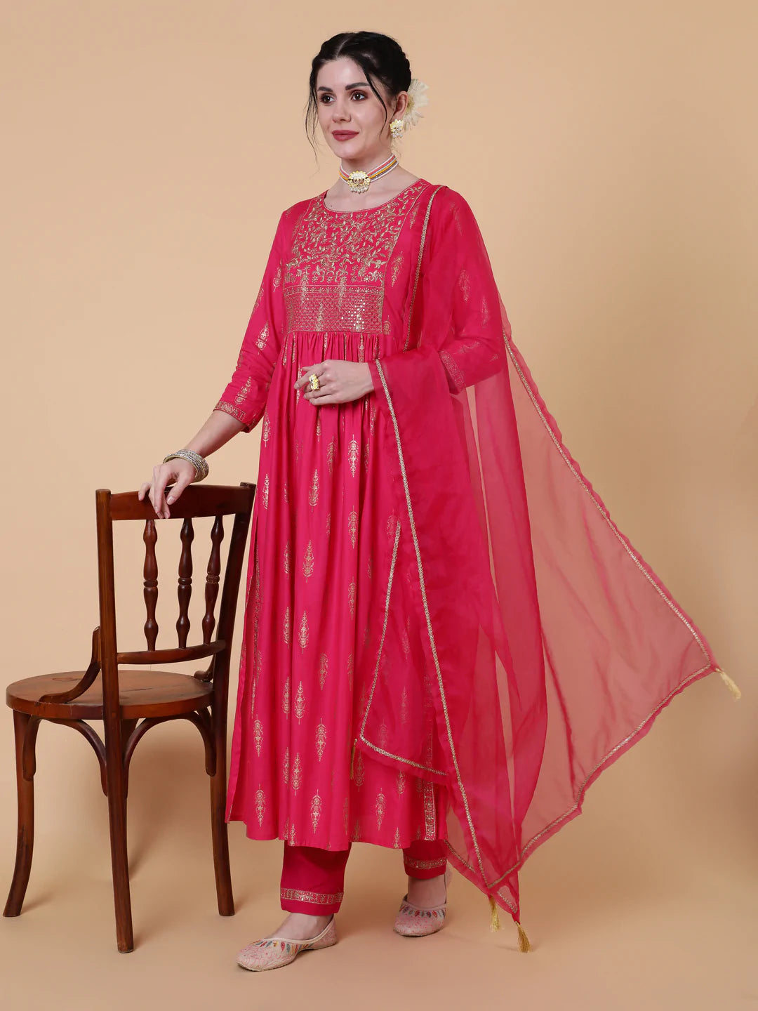 Rayon Calf Length Semi Flared 3/4 Sleeves Printed Round Neck Kurta Bottom Dupatta Set