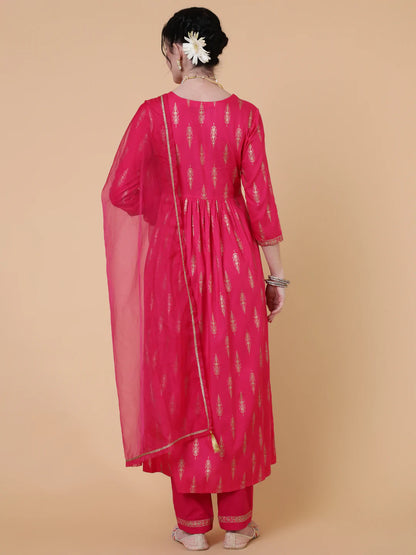 Rayon Calf Length Semi Flared 3/4 Sleeves Printed Round Neck Kurta Bottom Dupatta Set