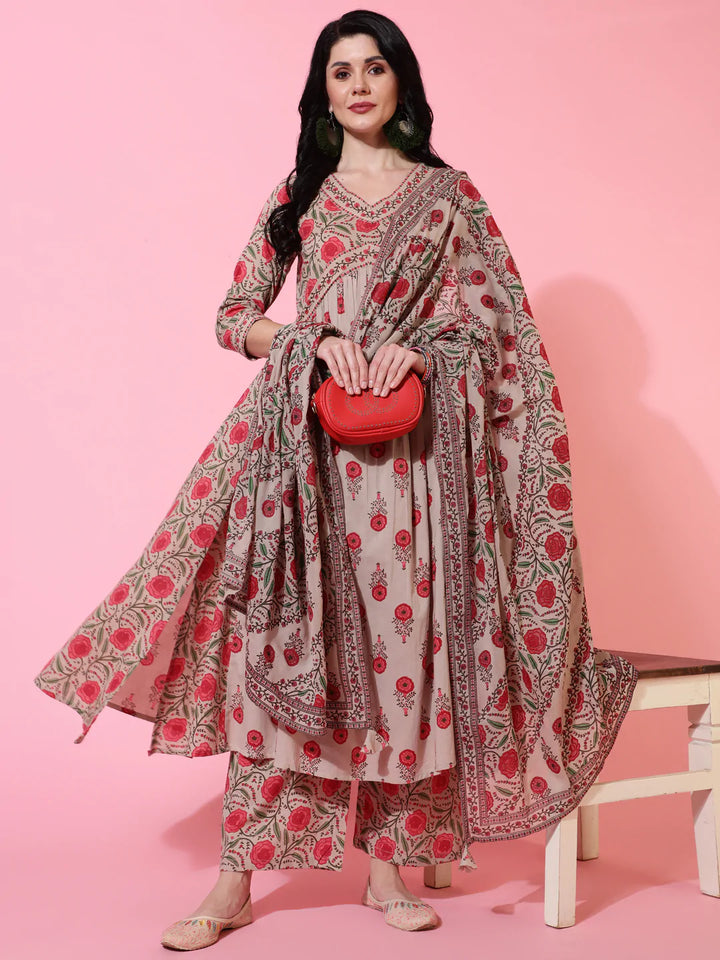 Cotton Calf Length Semi Flared 3/4 Sleeves Printed V-Neck Kurta Bottom Dupatta Set
