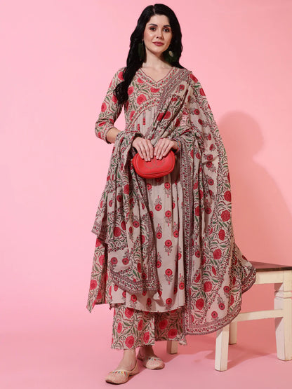 Cotton Calf Length Semi Flared 3/4 Sleeves Printed V-Neck Kurta Bottom Dupatta Set