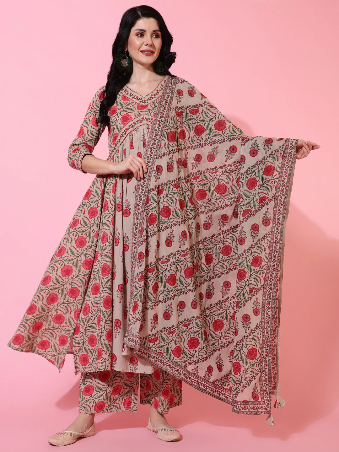Cotton Calf Length Semi Flared 3/4 Sleeves Printed V-Neck Kurta Bottom Dupatta Set