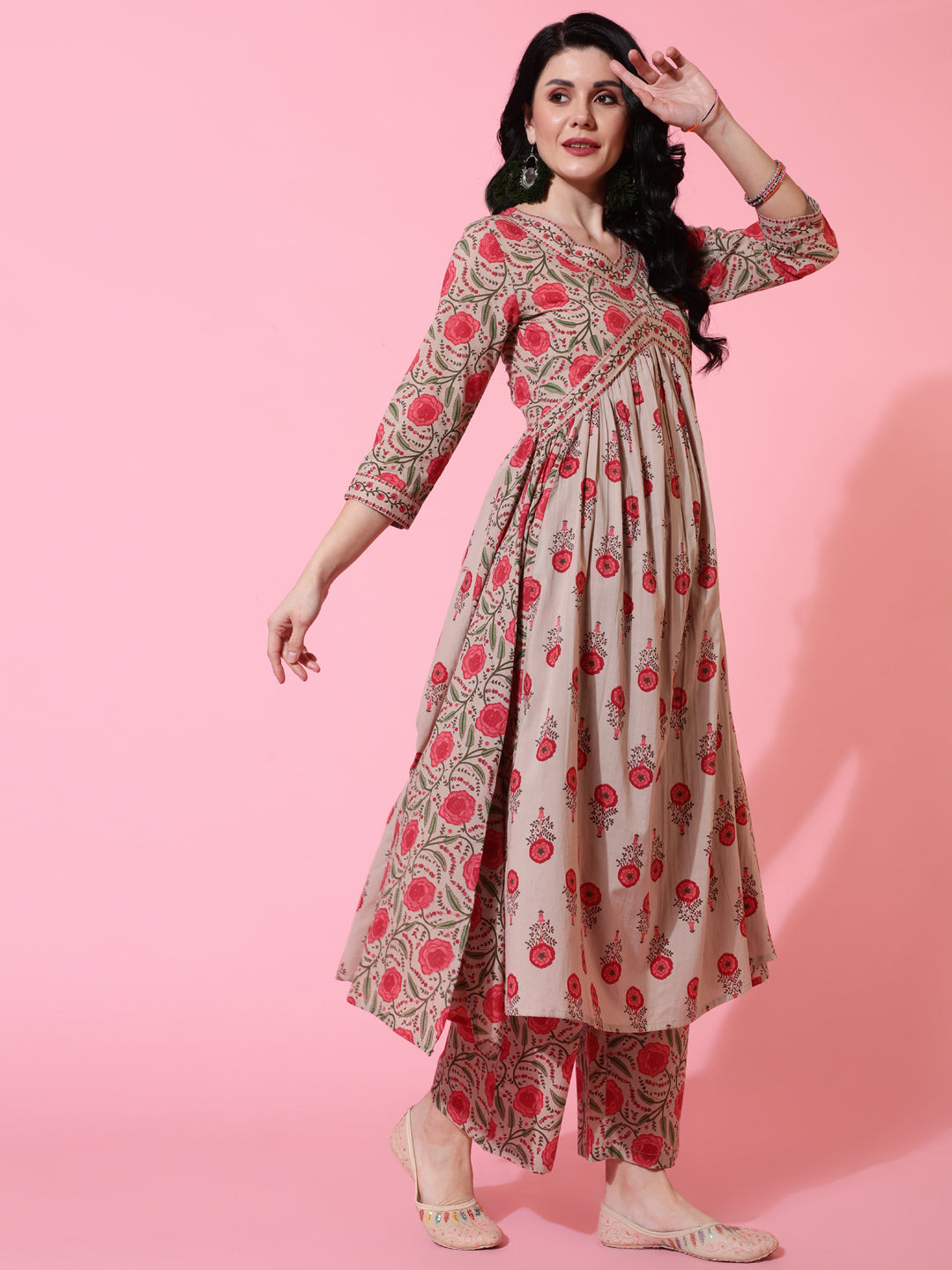 Cotton Calf Length Semi Flared 3/4 Sleeves Printed V-Neck Kurta Bottom Dupatta Set