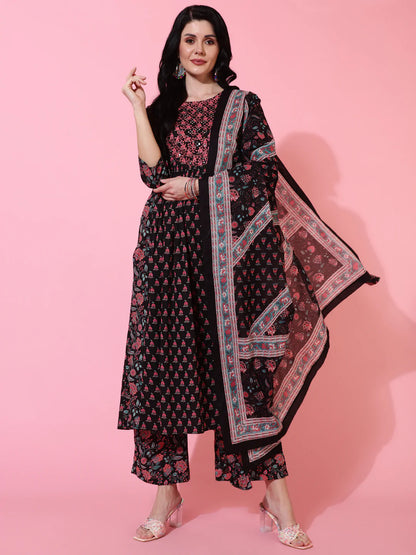 Cotton Calf Length Semi Flared 3/4 Sleeves Printed Round Neck Kurta Bottom Dupatta Set