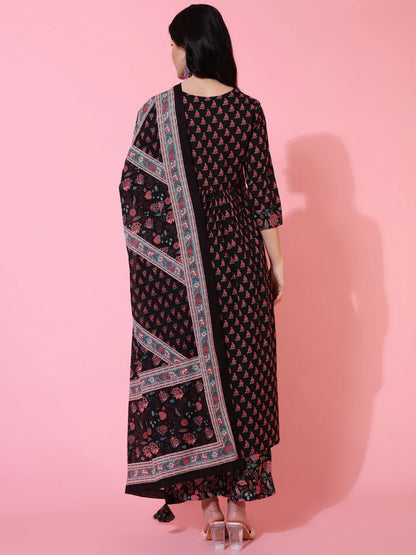 Cotton Calf Length Semi Flared 3/4 Sleeves Printed Round Neck Kurta Bottom Dupatta Set