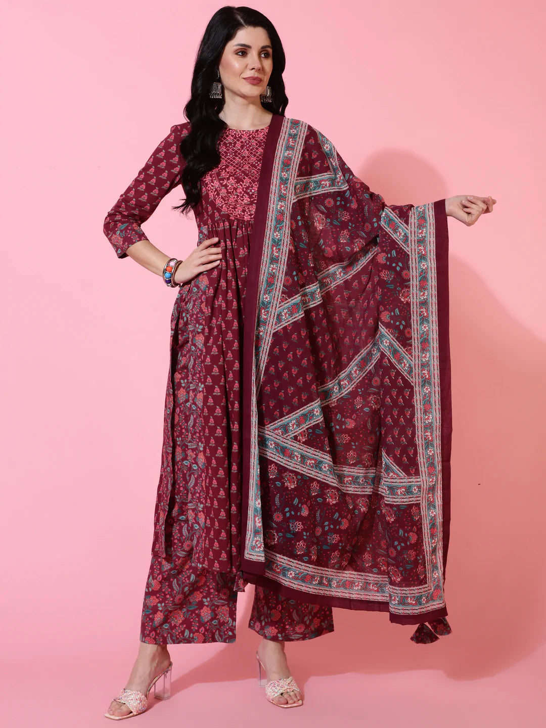 Cotton Calf Length Semi Flared 3/4 Sleeves Printed Round Neck Kurta Bottom Dupatta Set