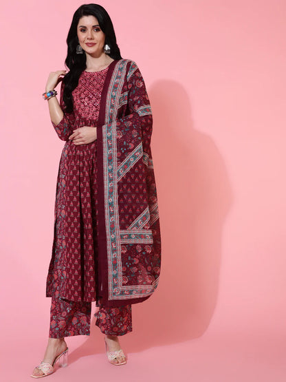 Cotton Calf Length Semi Flared 3/4 Sleeves Printed Round Neck Kurta Bottom Dupatta Set