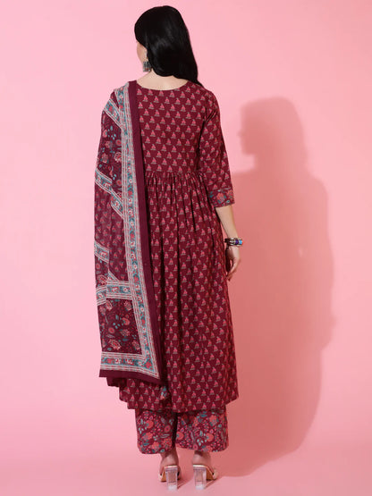 Cotton Calf Length Semi Flared 3/4 Sleeves Printed Round Neck Kurta Bottom Dupatta Set