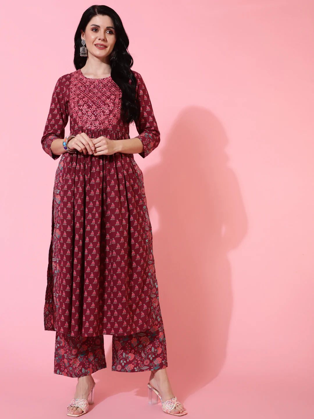 Cotton Calf Length Semi Flared 3/4 Sleeves Printed Round Neck Kurta Bottom Dupatta Set