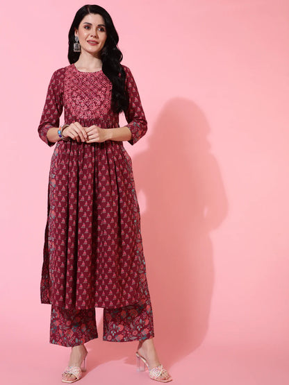 Cotton Calf Length Semi Flared 3/4 Sleeves Printed Round Neck Kurta Bottom Dupatta Set