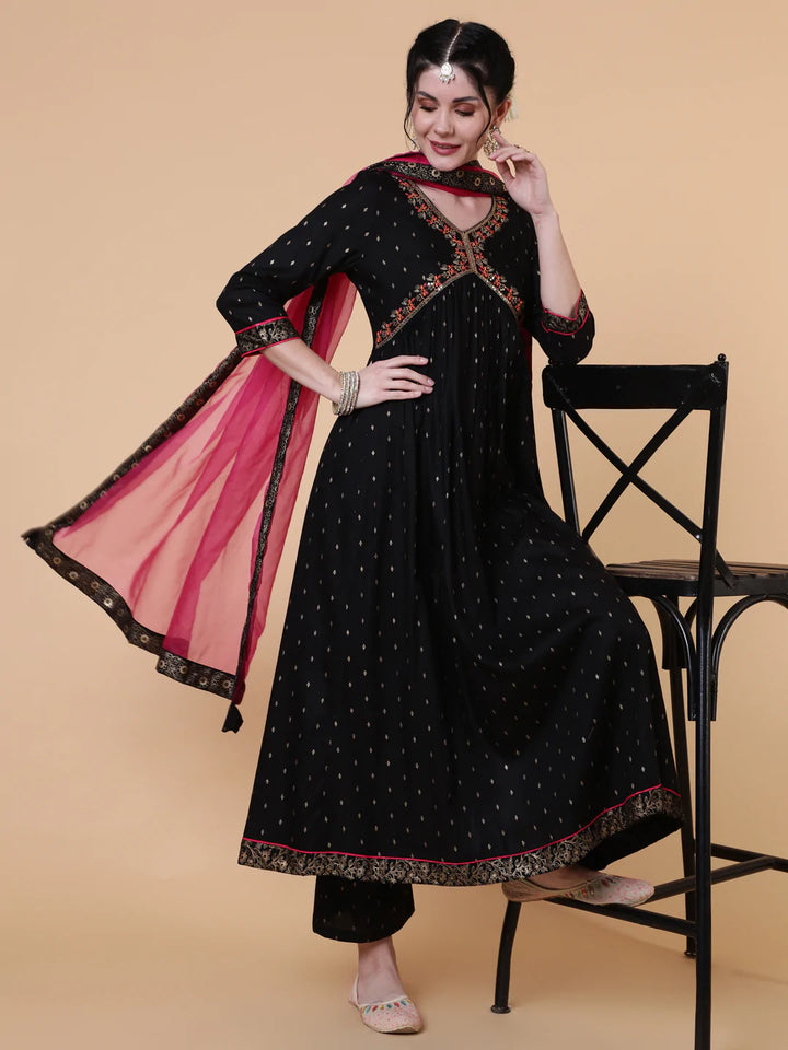 Rayon Calf Length Semi Flared 3/4 Sleeves Embroidered V-Neck Kurta Bottom Dupatta Set