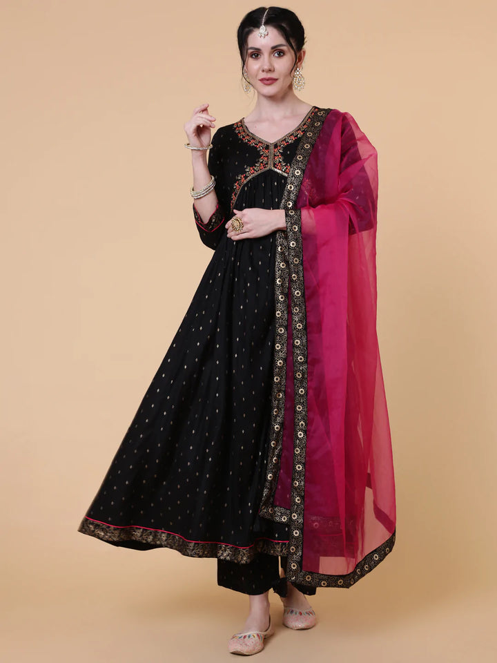 Rayon Calf Length Semi Flared 3/4 Sleeves Embroidered V-Neck Kurta Bottom Dupatta Set