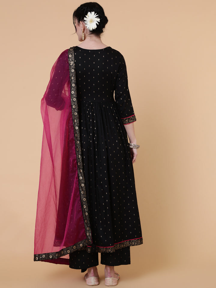 Rayon Calf Length Semi Flared 3/4 Sleeves Embroidered V-Neck Kurta Bottom Dupatta Set