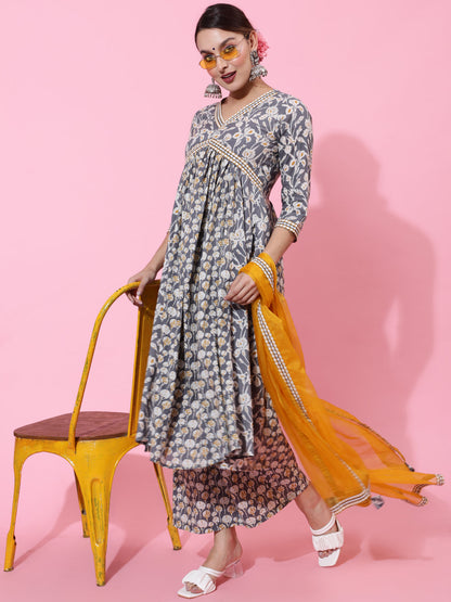 Cotton Calf Length Printed Semi-Flared 3/4 Sleeves V-Neck Kurta Bottom Dupatta Set