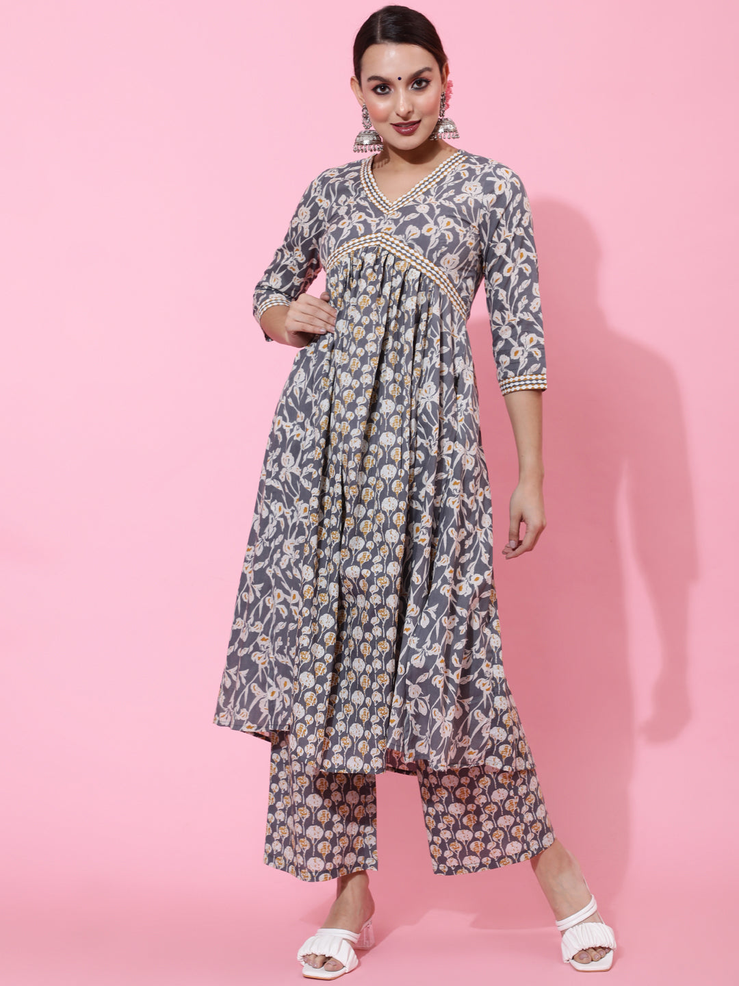 Cotton Calf Length Printed Semi-Flared 3/4 Sleeves V-Neck Kurta Bottom Dupatta Set