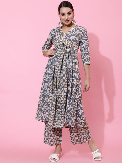 Cotton Calf Length Printed Semi-Flared 3/4 Sleeves V-Neck Kurta Bottom Dupatta Set