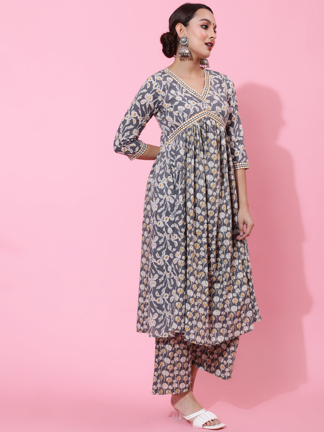 Cotton Calf Length Printed Semi-Flared 3/4 Sleeves V-Neck Kurta Bottom Dupatta Set