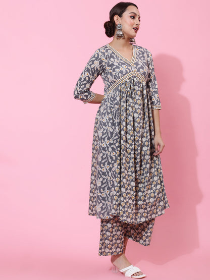 Cotton Calf Length Printed Semi-Flared 3/4 Sleeves V-Neck Kurta Bottom Dupatta Set