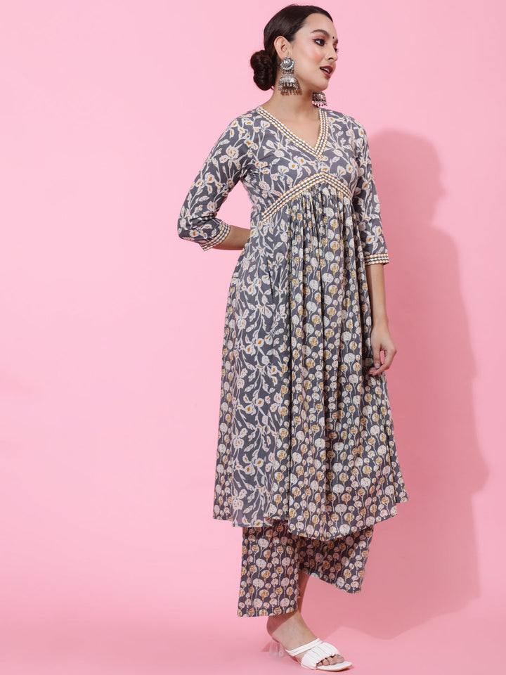 Cotton Calf Length Printed Semi-Flared 3/4 Sleeves V-Neck Kurta Bottom Dupatta Set