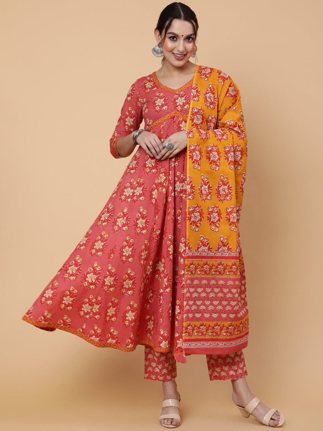 Cotton Calf Length Printed Semi-Flared 3/4 Sleeves V-Neck Kurta Bottom Dupatta Set