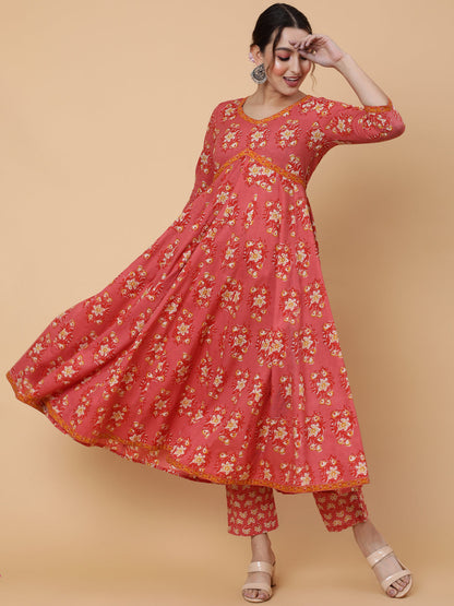 Cotton Calf Length Printed Semi-Flared 3/4 Sleeves V-Neck Kurta Bottom Dupatta Set