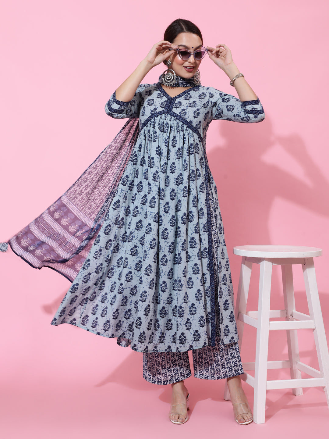 Cotton Calf Length Printed Semi-Flared 3/4 Sleeves V-Neck Kurta Bottom Dupatta Set