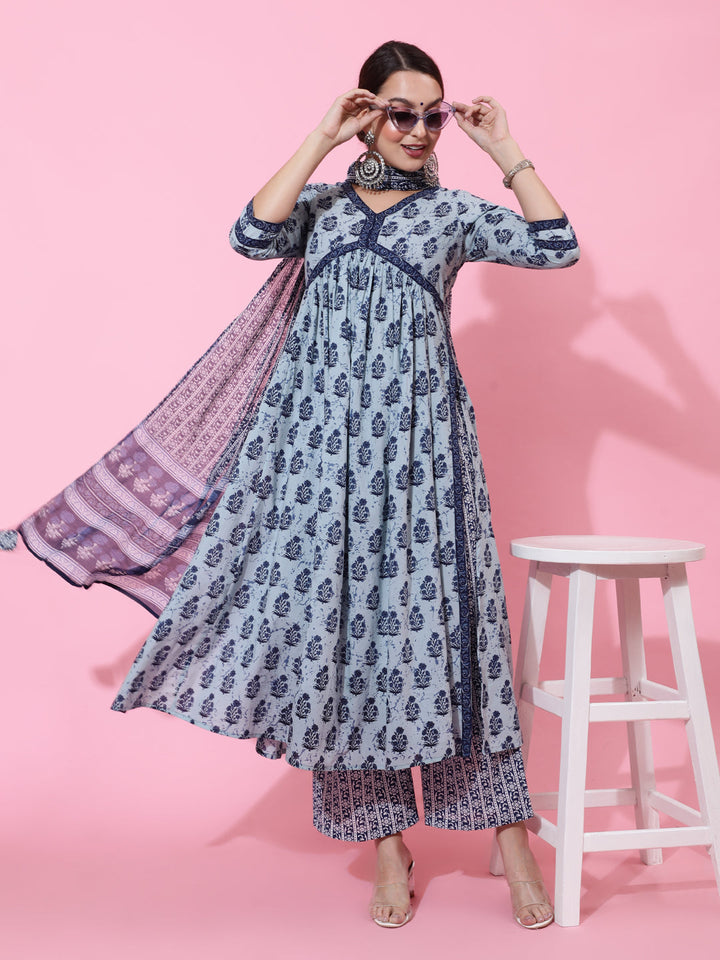 Cotton Calf Length Printed Semi-Flared 3/4 Sleeves V-Neck Kurta Bottom Dupatta Set