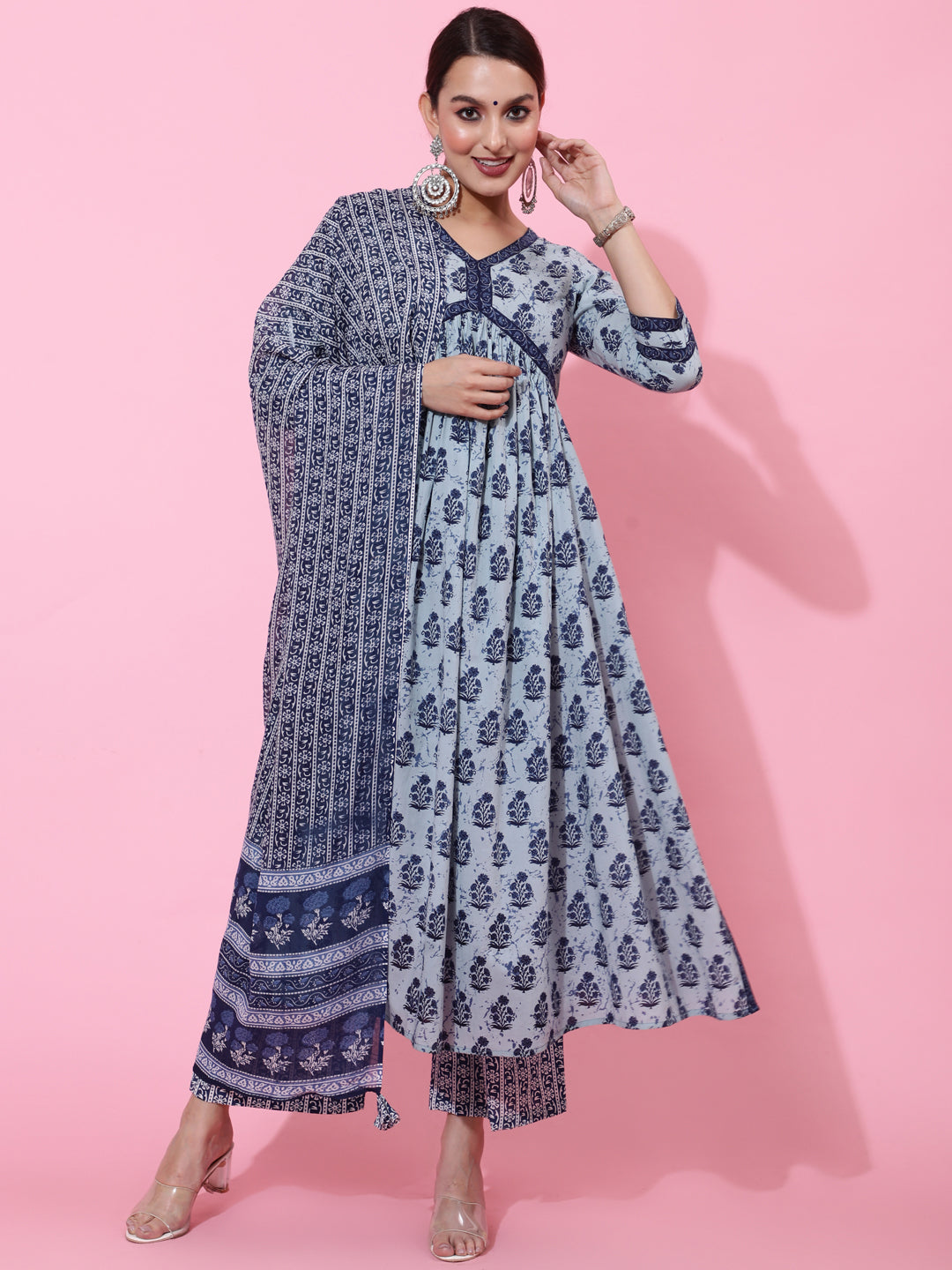 Cotton Calf Length Printed Semi-Flared 3/4 Sleeves V-Neck Kurta Bottom Dupatta Set