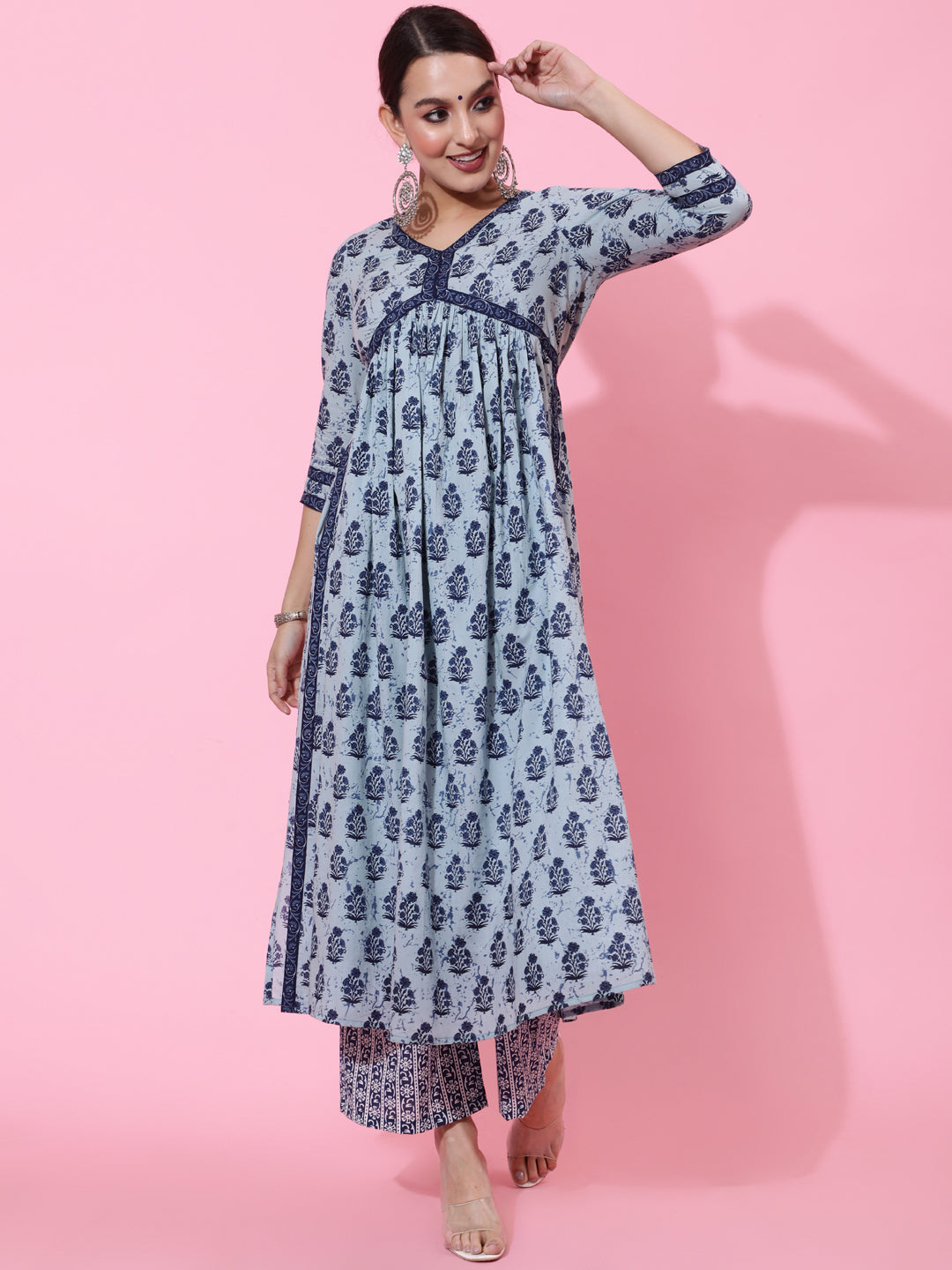 Cotton Calf Length Printed Semi-Flared 3/4 Sleeves V-Neck Kurta Bottom Dupatta Set