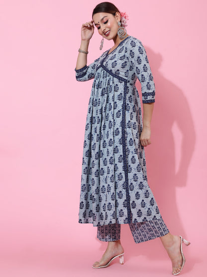 Cotton Calf Length Printed Semi-Flared 3/4 Sleeves V-Neck Kurta Bottom Dupatta Set