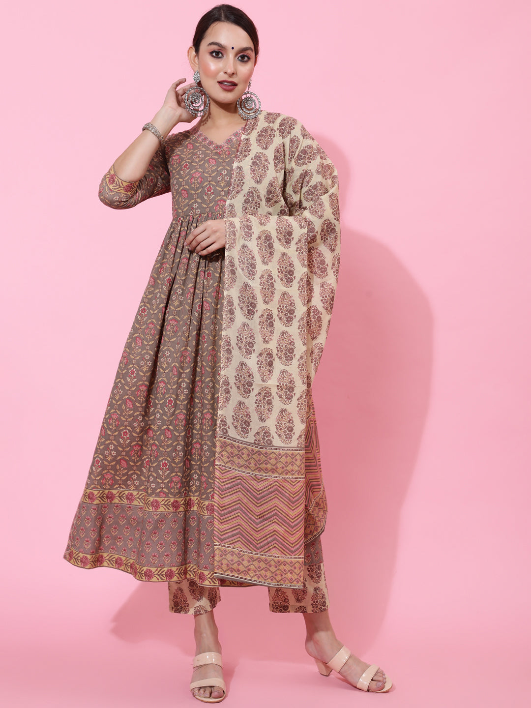 Cotton Calf Length Printed Semi-Flared 3/4 Sleeves V-Neck Kurta Bottom Dupatta Set