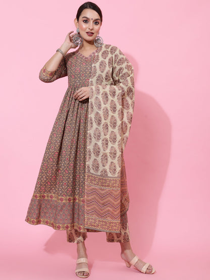 Cotton Calf Length Printed Semi-Flared 3/4 Sleeves V-Neck Kurta Bottom Dupatta Set