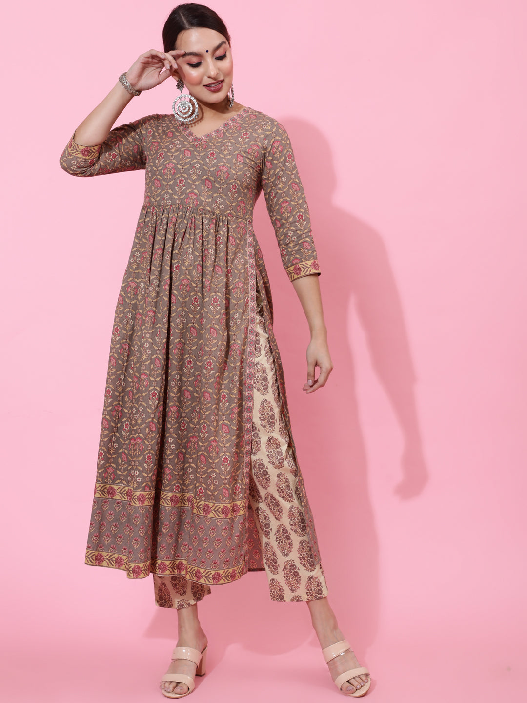 Cotton Calf Length Printed Semi-Flared 3/4 Sleeves V-Neck Kurta Bottom Dupatta Set