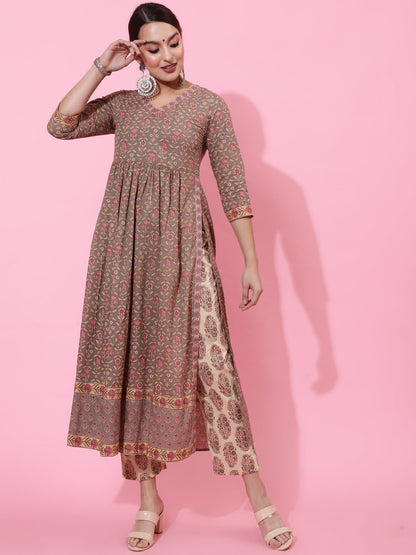 Cotton Calf Length Printed Semi-Flared 3/4 Sleeves V-Neck Kurta Bottom Dupatta Set