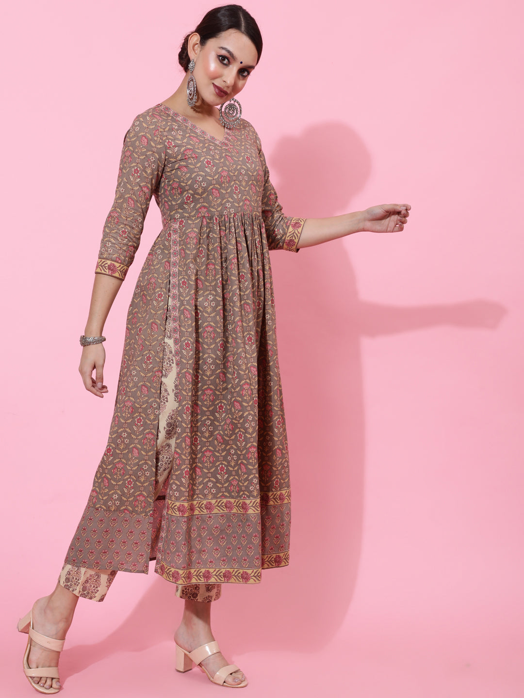 Cotton Calf Length Printed Semi-Flared 3/4 Sleeves V-Neck Kurta Bottom Dupatta Set