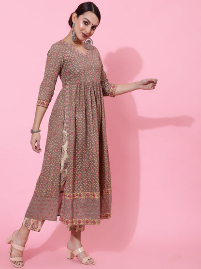 Cotton Calf Length Printed Semi-Flared 3/4 Sleeves V-Neck Kurta Bottom Dupatta Set